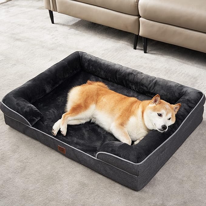 EHEYCIGA Orthopedic Dog Beds for Extra Large Dogs, Waterproof Memory Foam XL Dog Bed with Sides, Non-Slip Bottom and Egg-Crate Foam Big Dog Couch Bed with Washable Removable Cover, Dark Grey
