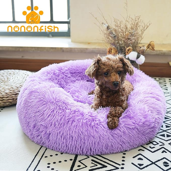 Purple Dog Bed for Small Dogs 19 Inch Donut Cuddler Plush Cat Calming Bed with Machine Washable, Non-Slip Fluffy Dog & Cat Calming Cushion Bed for Joint-Relief and Sleep Improvement