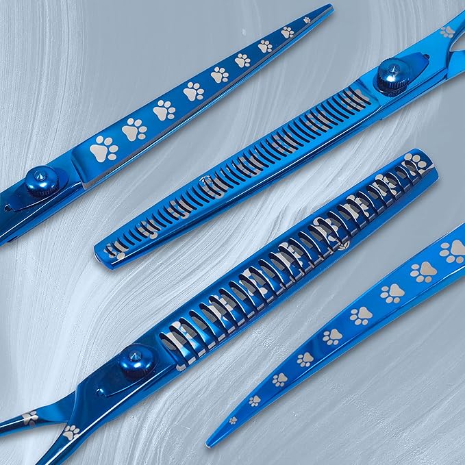 Professional Dog Grooming Scissors Set of Straight, Curved, Thinner/Blender and Chunker Shears with Paw Prints for Dogs, Cats & Pets (Right Handed, Blue, Stainless Steel 8 Inch)