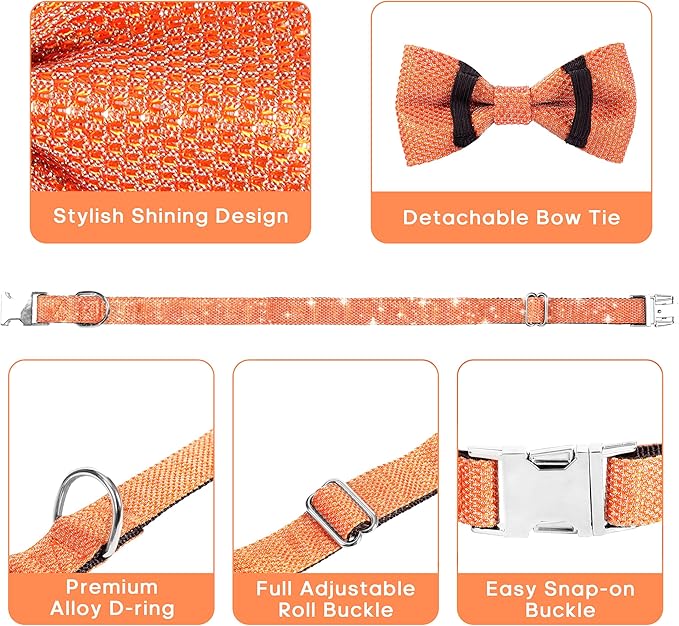 Dog Collar with Bow for Small Medium Large Dogs, Cute Bling Dog Bow Tie Collar with Metal Buckle, Soft & Durable for Medium Dogs Walking (Orange, M)