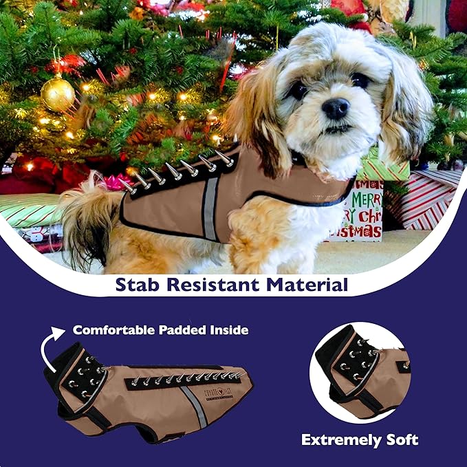 CoyoteVest SpikeVest Dog Harness Vest for Small Dogs, Reflective Dog Vest with Spikes to Shield Your pet from Coyotes, Raptor and Animal Attacks, Anti Hawk Vest, Made in USA (L-Texas Tan)