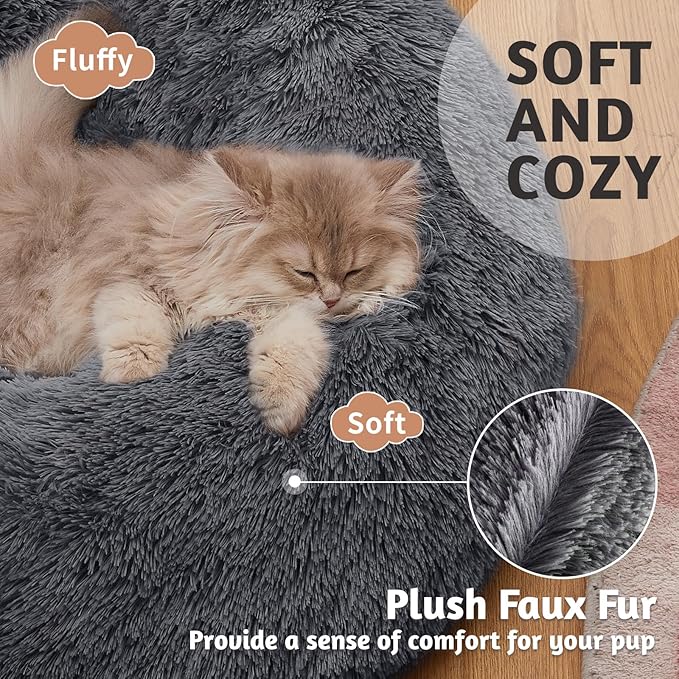 OhGeni Calming Donut Cat Beds For Indoor Cats, Machine Washable Plush Warming Bed For Kitten & Puppy, Anti-Slip Round Cuddle Comfort Pet Bed, Cozy Fluffy Fur Bed for Small Cats & Dogs, Gray, 20 inches