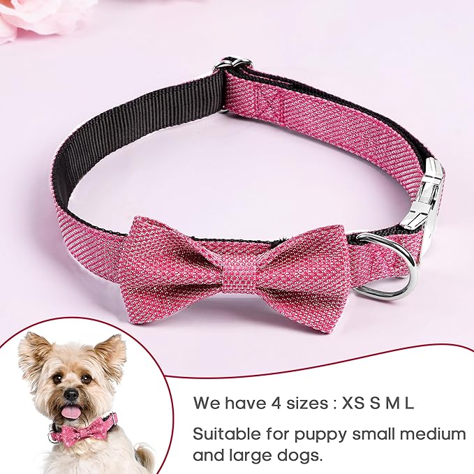 Dog Collar with Bow for Small Medium Large Dogs, Cute Bling Dog Bow Tie Collar with Metal Buckle, Soft & Durable for Medium Dogs Walking (Dark Pink, M)