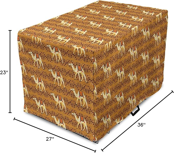 Lunarable Camel Dog Crate Cover, Traditional Pattern with Strokes Desert Animal Repetition in Folk Accessories, Easy to Use Pet Kennel Cover for Medium Large Dogs, 36 Inch, Apricot and Cream