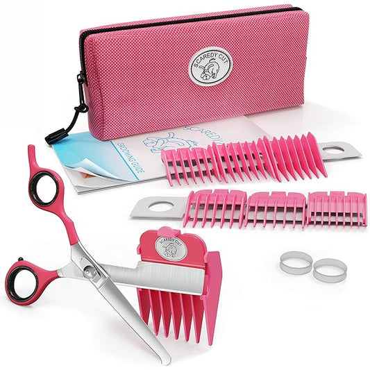 SCAREDY CUT Silent Pet Grooming Kit for Dog, Cat and All Pet Grooming - A Quiet Alternative to Electric Clippers for Sensitive Pets (Left-Handed Pink)