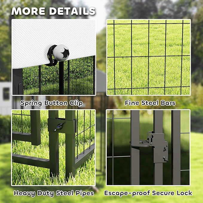 PawHut 9.8' x 9.8' x 6.8' Outdoor Dog Kennel, Welded Wire Heavy Duty Dog Run with 360° Rotating & 4 Level Adjustable Bowls, Dog Kennel Outside with Waterproof & UV Resistant Cover, for S&M&L Dogs