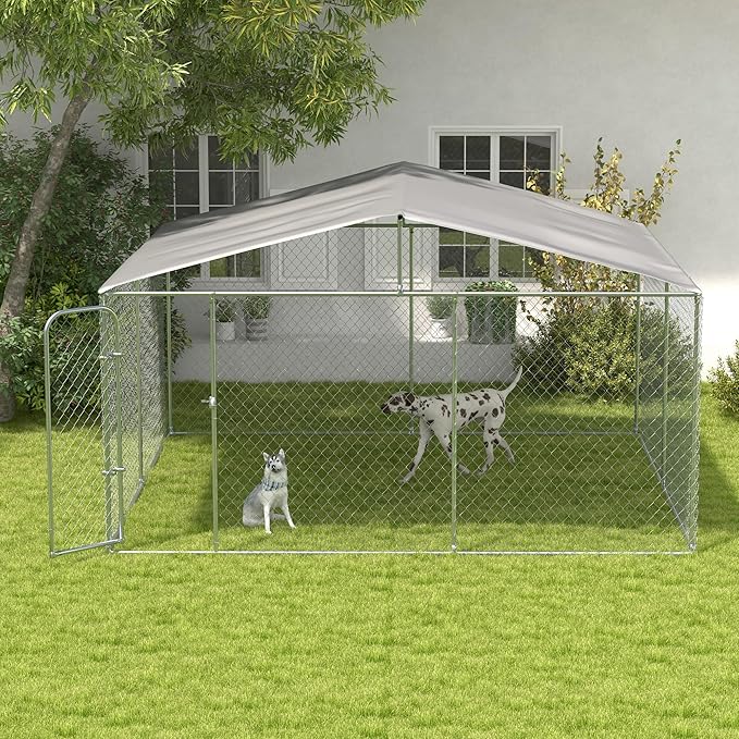 PawHut Large Dog Kennel Outside, Heavy Duty Dog Cage with Waterproof Cover, Outdoor Fence Dog Run with Galvanized Chain Link, Secure Lock, 13' x 13' x 7.5'