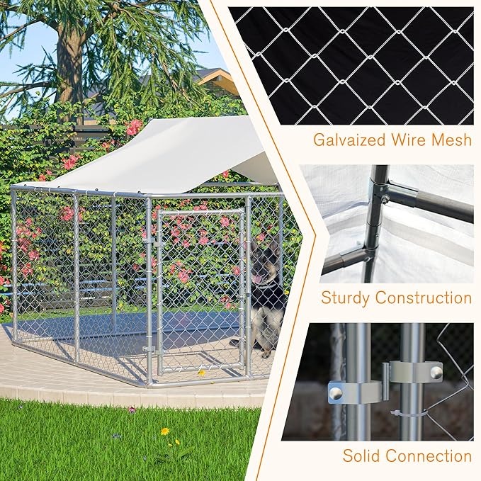 Large Outdoor Dog Kennel, Heavy Duty Galvanized Steel Dog Enclosure, Chicken Coop w/Waterproof UV-Resistant Cover, Lockable Door Chain Link for Small & Large Pets, Backyard (118" L x 118" W x 71" H)