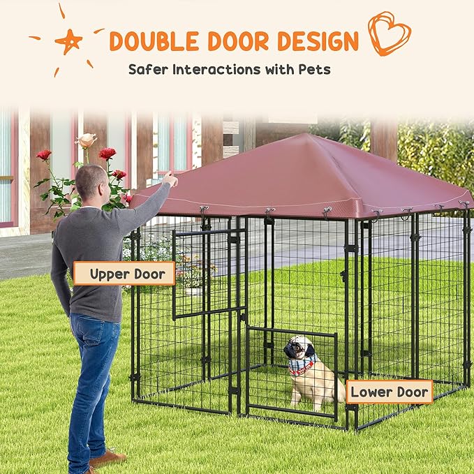 PawHut 4.6' x 5' Dog Kennel Outdoor with Waterproof Cover, Dog Playpen for Small and Medium-Sized Dogs with Two Part Door Design, Brown