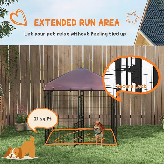 PawHut 4.6' x 5' Dog Kennel Outdoor with Waterproof Cover, Dog Playpen for Small and Medium-Sized Dogs with Two Part Door Design, Brown