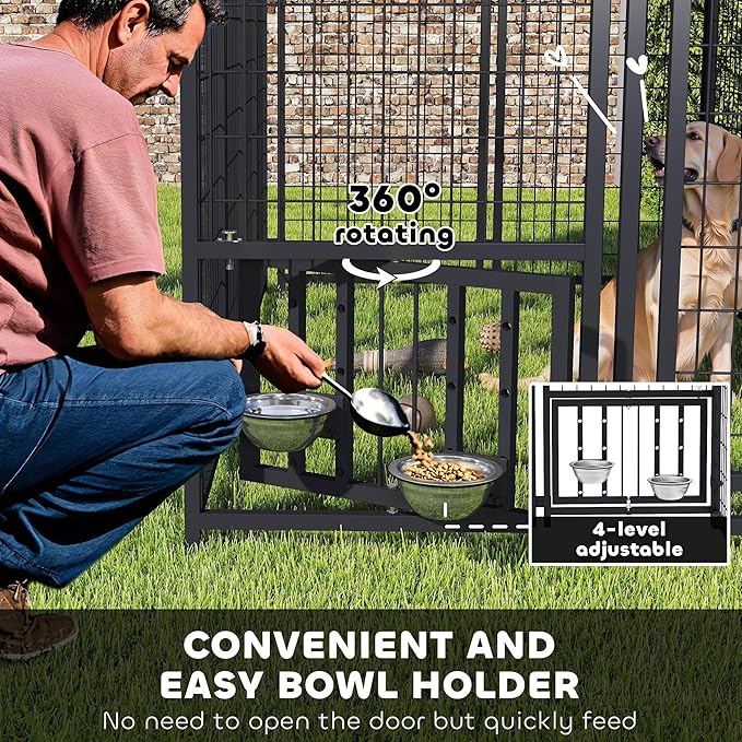 PawHut 7.9' x 4' x 6' Outdoor Dog Kennel, Welded Wire Heavy Duty Dog Run with 360° Rotating & 4 Level Adjustable Bowls, Dog Cage Outside with Waterproof & UV Resistant Cover, for S&M&L Dogs
