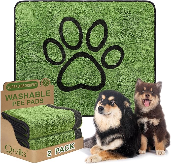 Qeils Washable Pee Pads for Dogs, 2 Pack Super Absorbent Reusable Puppy Pads with Green Long Wool for Potty Training, Floor, Couch, Bed, and Crate,36"x 41"