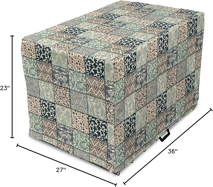Lunarable Geometric Dog Crate Cover, Antique Mosaic with Victorian Garden Motifs Damask and Scroll Flower, Easy to Use Pet Kennel Cover for Medium Large Dogs, 36 Inch, Seafoam Brown Dark Blue