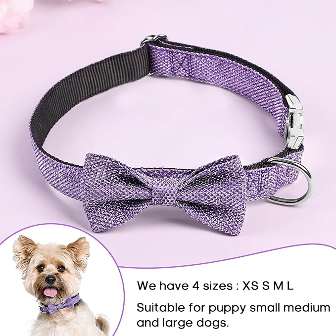 Dog Collar with Bow for Small Medium Large Dogs, Cute Bling Dog Bow Tie Collar with Metal Buckle, Soft & Durable for Small Dogs Walking (Purple, S)