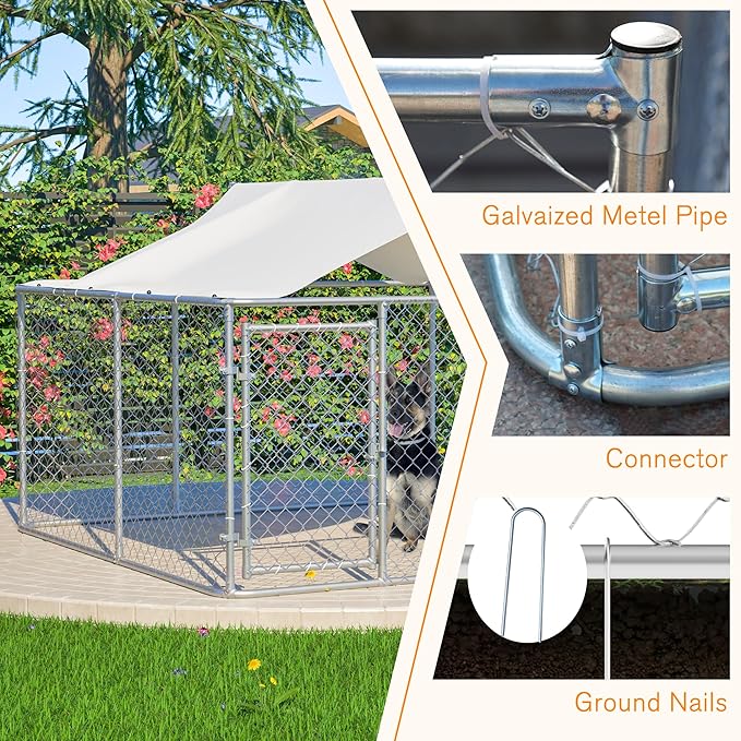 Large Outdoor Dog Kennel, Heavy Duty Galvanized Steel Dog Enclosure, Chicken Coop with Waterproof UV-Resistant Cover, Lockable Door Chain Link for Small & Large Pets, Backyard (90" L x 90" W x 65" H)