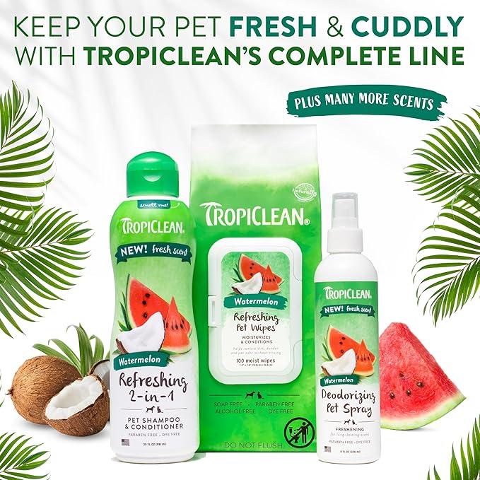 TropiClean Watermelon Dog Wipes for Paws and Butt | Deep Cleaning Dog Grooming Wipes | Safe for The Face | Cat Friendly | 100 Count