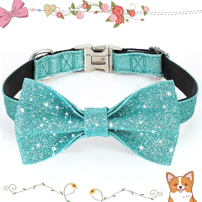 Bling Dog Bow Tie Collar for Small Medium Dogs, Cute Teal Boy Dog Collar with Bow for Daily Walking or Christmas Holiday (Neck fit 13-19’’)