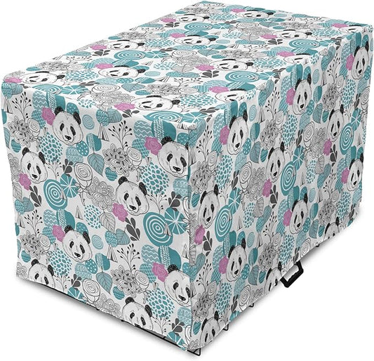 Lunarable Panda Dog Crate Cover, Portraits of Chinese Bears on Sketch Flowers and Abstract Circular Shapes, Easy to Use Pet Kennel Cover for Medium Large Dogs, 36 Inch, Slate Blue Pink Grey
