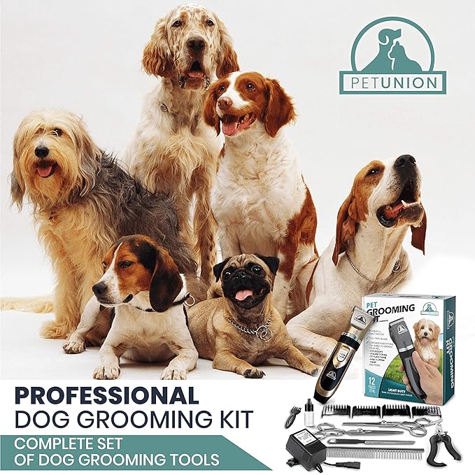Pet Union Professional Dog Grooming Kit - Rechargeable, Cordless Pet Grooming Clippers & Complete Set of Dog Grooming Tools. Low Noise & Suitable for Dogs, Cats and Other Pets (Gold)