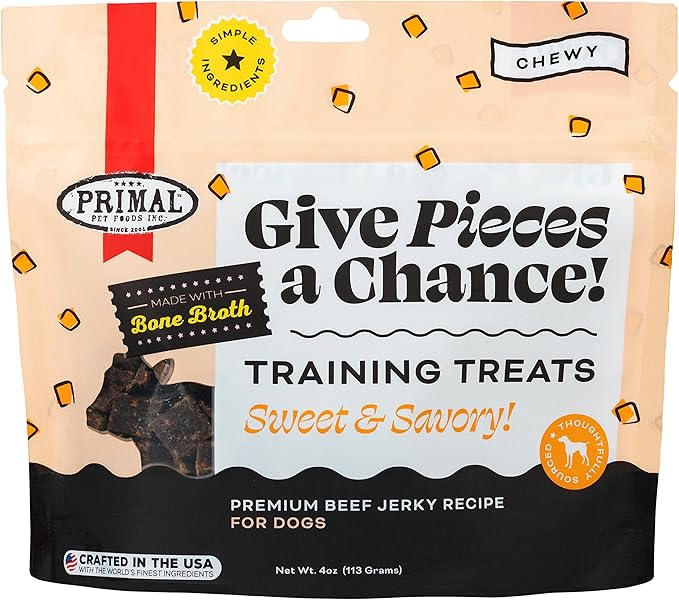 Primal Beef Jerky Dog Treats Made with Beef Bone Broth for Dogs, Give Pieces a Chance, Training Treat for Dogs, 4 oz