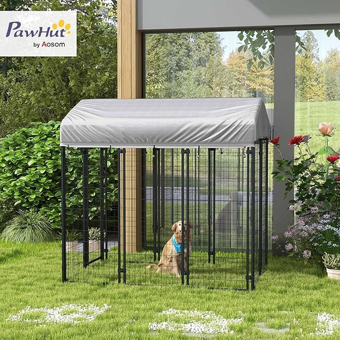 PawHut Outdoor Dog Kennel with Roof, 6' x 4' x 6' Heavy Duty Welded Wire Dog Playpen Enclosure with Escape-Proof Lock, UV-Resistant & Waterproof Cover, for Large Dogs, Silver