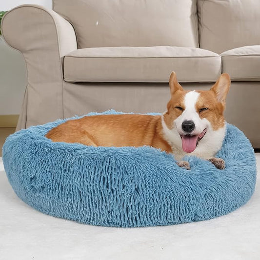 Dog Beds for Medium Dogs Washable Calming Bed for Dogs Blue Fluffy and Soft Dog Bed Anti Anxiety Faux Fur Round Medium Sized Pet Bed for Dogs