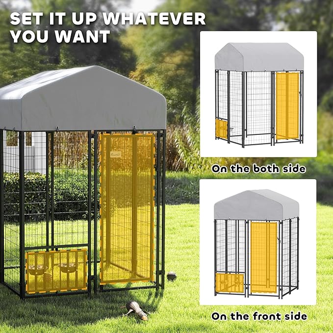 PawHut 3.9' x 3.9' x 6' Outdoor Dog Kennel, Welded Wire Heavy Duty Dog Run with 360° Rotating & 4 Level Adjustable Bowls, Dog Kennel Outside with Waterproof & UV Resistant Cover, for S&M Dogs
