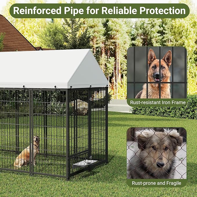 Rovibek Outdoor Dog Kennel 7.9x4.1x5.9 Ft, Dog Kennels Outdoor with 2 Rotating Feeder Bowls, Heavy Duty Dog Kennels Outside, Outside Dog Kennel with Roof, Outside Kennel for Large Dogs