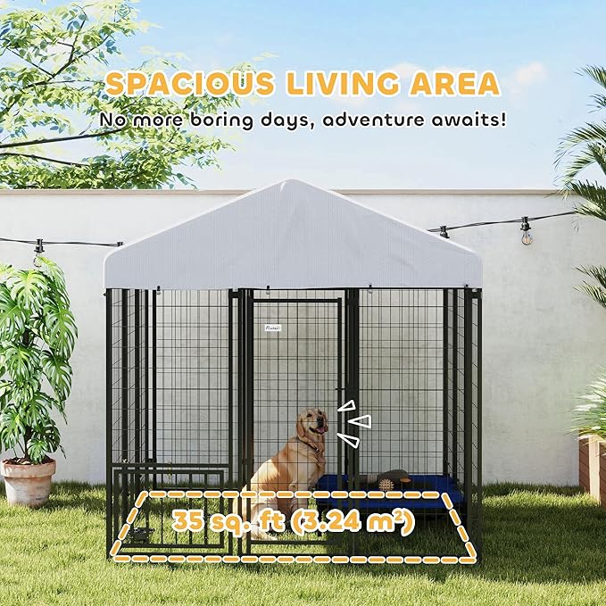 PawHut 5.9' x 5.9' x 6' Outdoor Dog Kennel, Welded Wire Heavy Duty Dog Run with 360° Rotating & 4 Level Adjustable Bowls, Dog Kennel Outside with Waterproof & UV Resistant Cover, for Large Dogs