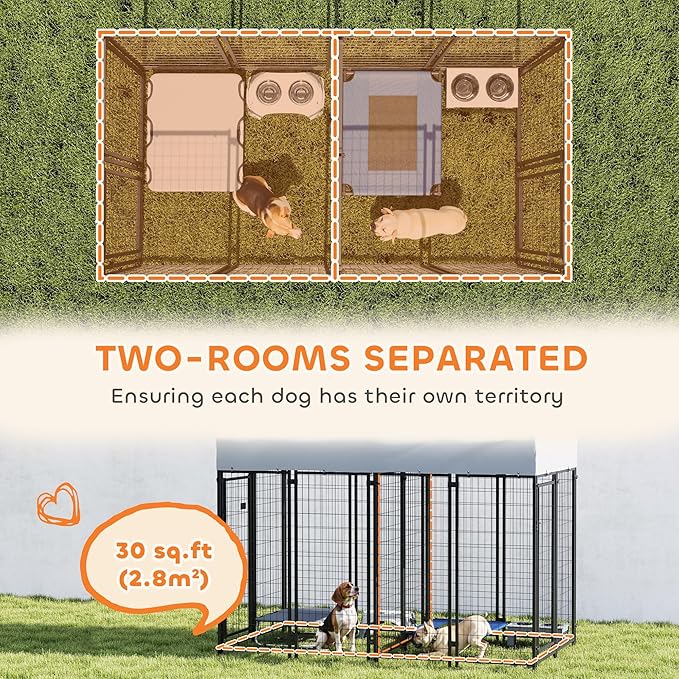 PawHut Outdoor Dog Kennel with 2 Rooms, 8' x 4' x 6' Heavy Duty Welded Wire Dog Playpen Enclosure with Escape-Proof Lock, UV-Resistant & Waterproof Cover, for Large Dogs, Silver