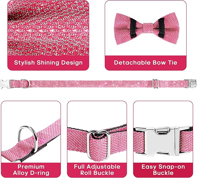 Dog Collar with Bow for Small Medium Large Dogs, Cute Bling Dog Bow Tie Collar with Metal Buckle, Soft & Durable for Puppy Dogs Walking (Dark Pink, XS)