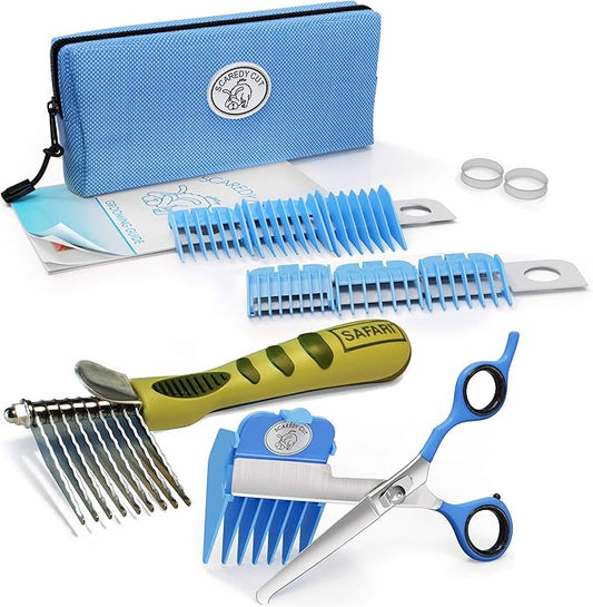 Scaredy Cut Silent Clipper + Dematting Comb Pet Grooming Kit, Blue, Right-Handed 17pc RH + Dematting, Blue