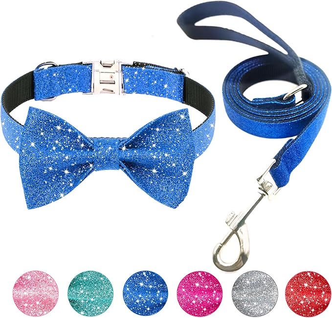 Bling Bow Tie Dog Collar and Leash Set, Cute Blue Boy Dog Collar with Bow and 5ft Leash for Small Medium Dogs Daily Walking or Holiday Party (Neck fit 11-16’’)
