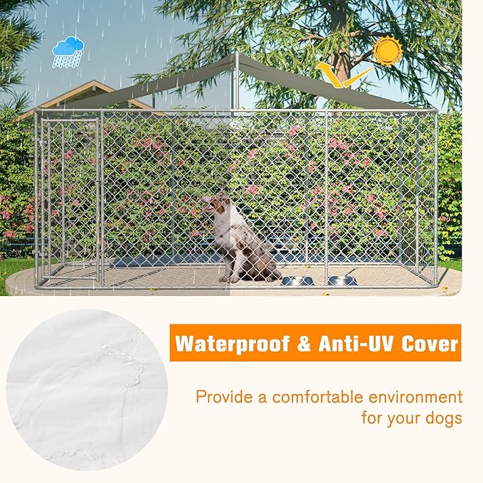 Large Outdoor Dog Kennel, Heavy Duty Galvanized Steel Dog Enclosure, Chicken Coop w/Waterproof UV-Resistant Cover, Lockable Door Chain Link for Small & Large Pets, Backyard-157.2" L x 91.2" W x 90" H