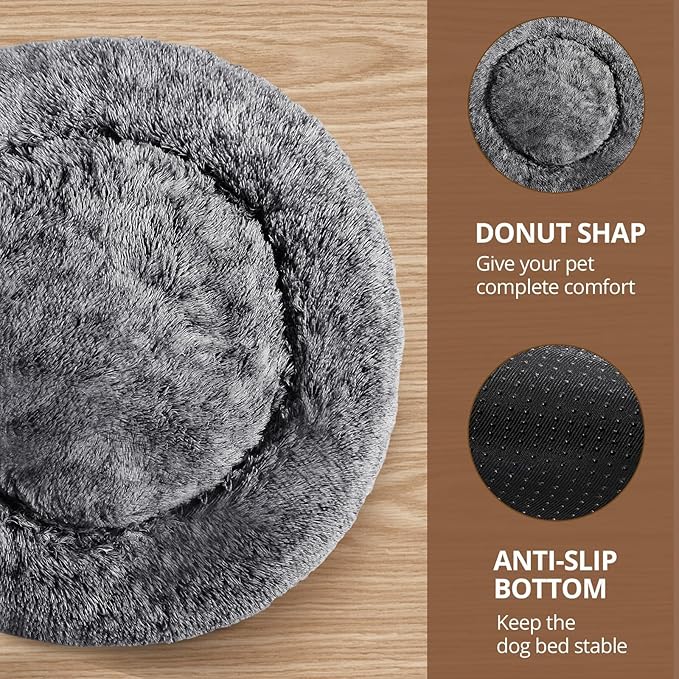 JOLLYVOGUE Dog Beds for Medium Dogs, Anti-Anxiety Washable Round Bed, Calming Donut Dog Cat Bed for Puppy Bed, Fluffy Dog Beds for Medium Dogs, Round Puppy Bed for Indoor Pet (28"/Smoke Black