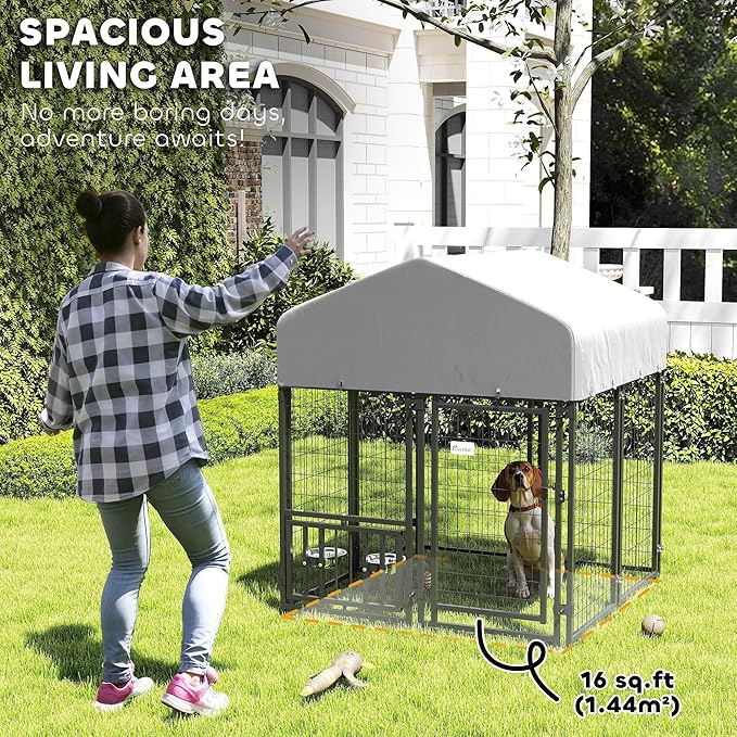 PawHut 3.9' x 3.9' x 4.5' Outdoor Dog Kennel, Welded Wire Heavy Duty Dog Run with 360° Rotating & 4 Level Adjustable Bowls, Dog Kennel Outside with Waterproof & UV Resistant Cover, for S&M Dogs