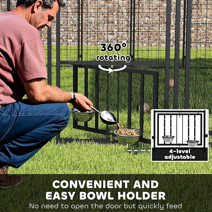 PawHut 9.8' x 9.8' x 6.8' Outdoor Dog Kennel, Welded Wire Heavy Duty Dog Run with 360° Rotating & 4 Level Adjustable Bowls, Dog Kennel Outside with Waterproof & UV Resistant Cover, for S&M&L Dogs
