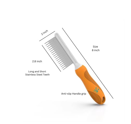 Cute to the Bone Pet Grooming Comb for Long, Curly or Silky Hair Dog and Cat, Stainless Steel Teeth for Dematting and Detangling, Safe for Home Use, Orange