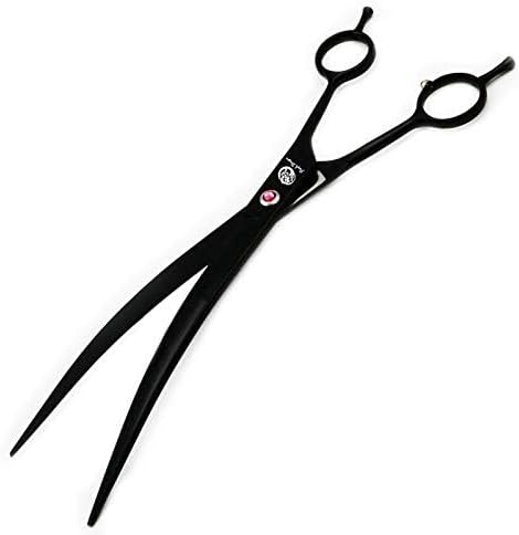 Purple Dragon 9.0 inch Twin Tails Downward Curved Blade Pet Grooming Scissors Dog Hair Cutting Shears with Bag for Professional Left Handed or Right Hand Pet Grooomer (Black Downward Curved)