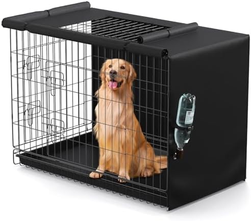 Dog Crate Cover, Kennel Cover Fits 48 Inch Wire Crate, Heavy Duty 600D Oxford Fabric Dog Cage Cover with Top Window and Drinking Hole Design, Black