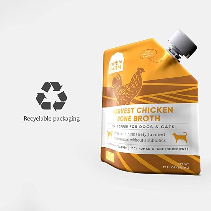 Open Farm Bone Broth, Food Topper for Both Dogs and Cats with Responsibly Sourced Meat and Superfoods Without Artificial Flavors or Preservatives, 72oz (6 Pack Harvest Chicken)