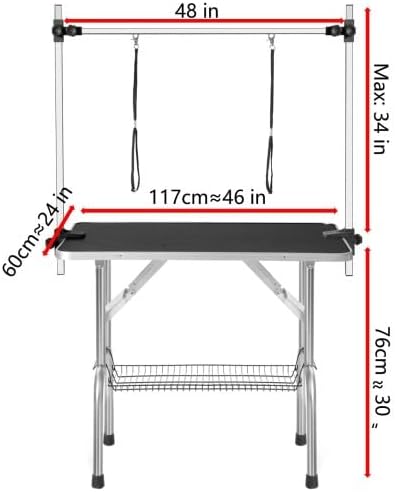 PULLAFUN 36" Professional Dog Pet Grooming Table Heavy Duty Adjustable with Overhead Arm, Two Grooming Noose Mesh Tray (Black, 46inch)