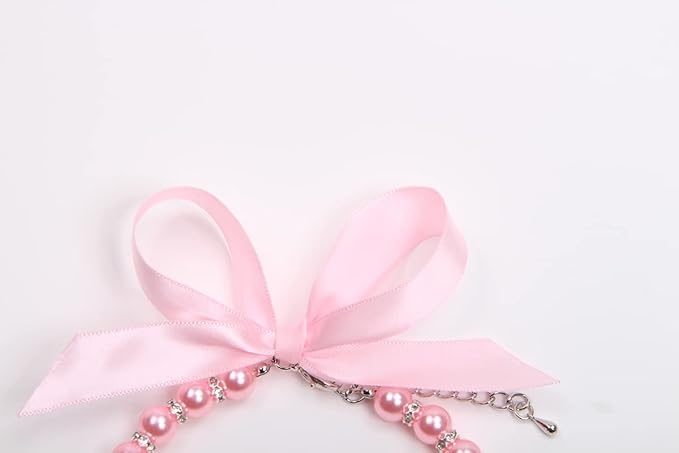 Dog Cat Pearls Necklace Collar with Bling Accessories and Ribbon Bow Pet Puppy Jewelry for Female Dogs Cats Small Medium (XL, Pink)