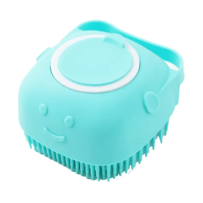 Dog Brush – Cat Brush – Shampoo Dispensing Scrubber – Soft Silicone Design – Hanging Loop – For All Skin Types – Grooming, Deshedding and Exfoliating, Blue