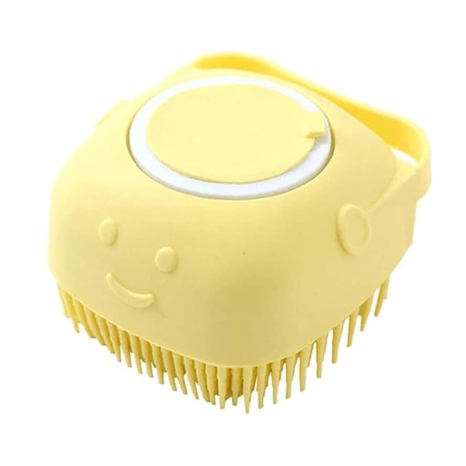 Dog Brush – Cat Brush – Shampoo Dispensing Scrubber – Soft Silicone Design – Hanging Loop – For All Skin Types – Grooming, Deshedding and Exfoliating, Yellow