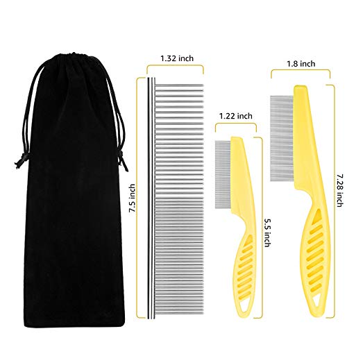 Flea Comb for Cats Dog Comb Lice Comb Metal Teeth Durable Tear Stain Dog Combs Remove Float Hair Combing Tangled Hair Dandruff Pet Comb Grooming Set 3 Pieces Add Storage Pouch (Yellow)