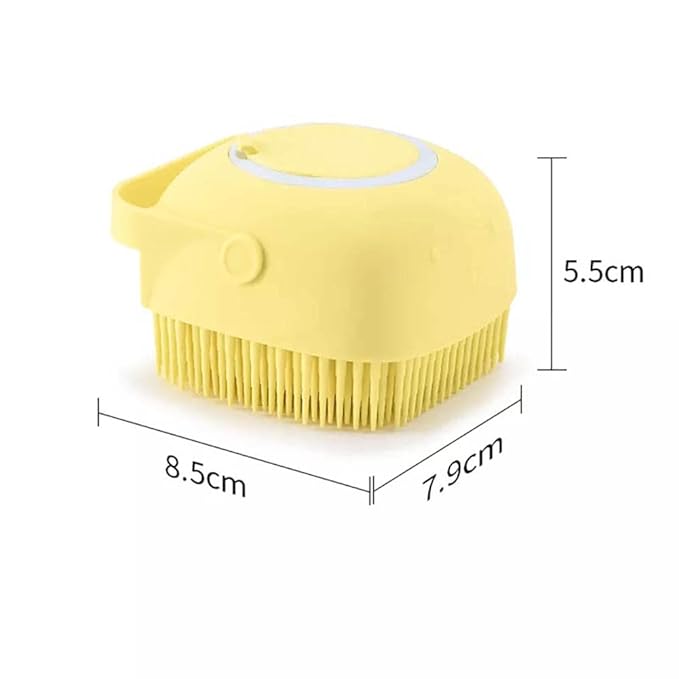 Dog Brush – Cat Brush – Shampoo Dispensing Scrubber – Soft Silicone Design – Hanging Loop – For All Skin Types – Grooming, Deshedding and Exfoliating, Yellow