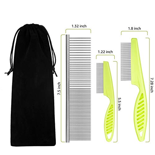 Flea Comb for Cats Dog Comb Lice Comb Metal Teeth Durable Tear Stain Dog Combs Remove Float Hair Combing Tangled Hair Dandruff Pet Comb Grooming Set 3 Pieces Add Storage Pouch (Green)