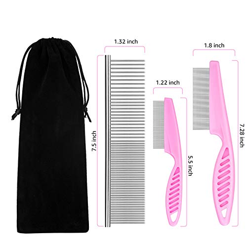 Flea Comb for Cats Dog Comb Lice Comb Metal Teeth Durable Tear Stain Dog Combs Remove Float Hair Combing Tangled Hair Dandruff Pet Comb Grooming Set 3 Pieces Add Storage Pouch (Pink)