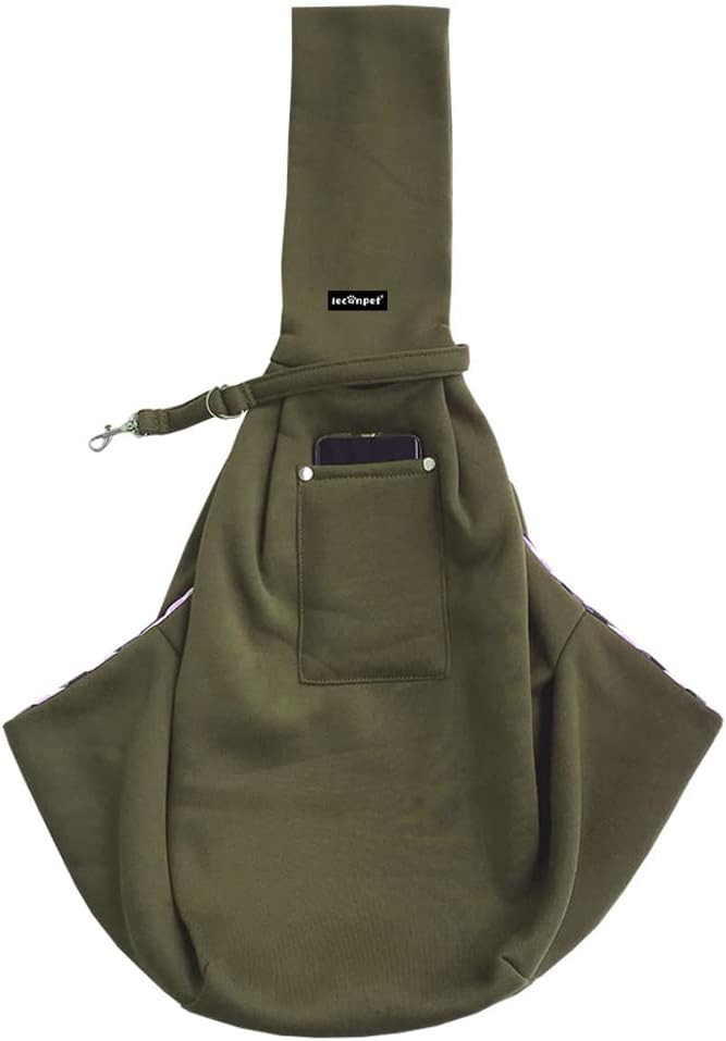 Leconpet Dog Sling Carrier Shoulder Bag for Pets with Mobile Phone Pocket Safety Buckle Security Lock, Suitable for Puppy, Small Dogs, and Cats for Outdoor Travel (Olive Green)